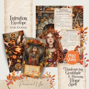 Op de afbeelding: Een collage van digitale kunst met een Thanksgiving-thema. Bevat een vrouw met rood haar, herfstbladeren, een Thanksgiving-feest en tekst met de tekst "Intention Envelope" en "Thanksgiving Gratitude & Harmony Home Spell".