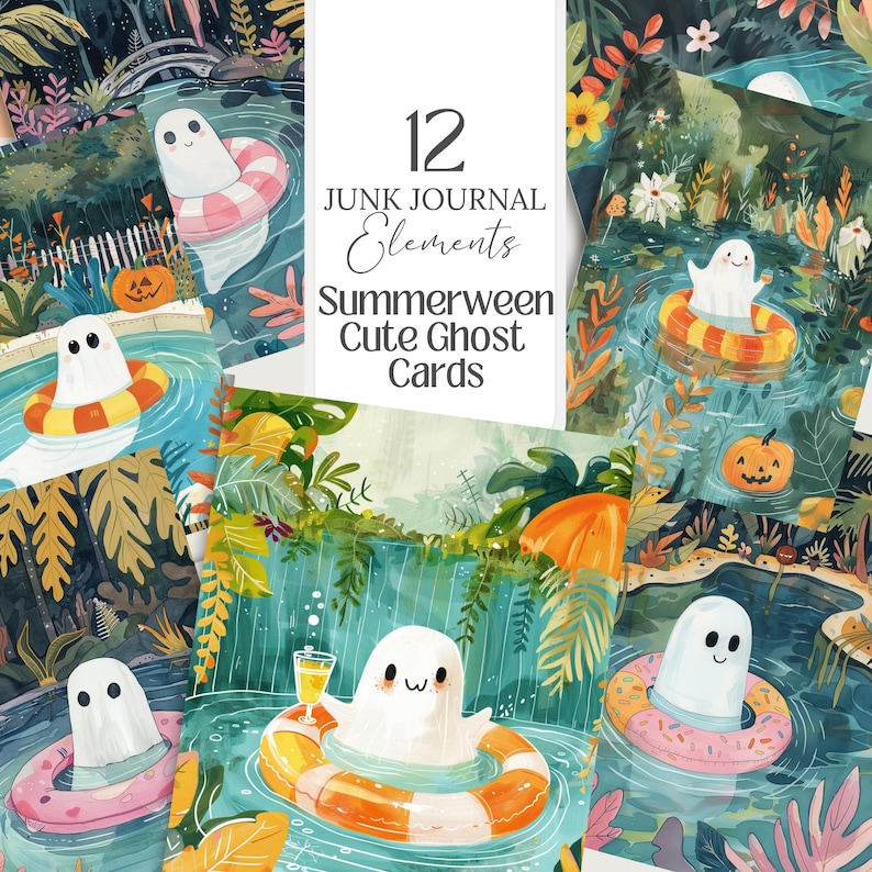 Summerween cute Ghost Printable Cards postcards png, Whimsical wallpaper, Illustration, junk journal, scrapbook Wall art, greeting card tags