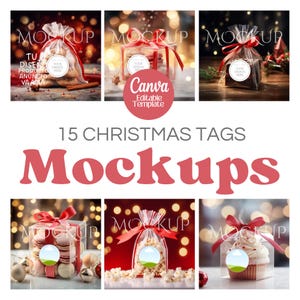 May include: 15 Christmas gift tag mockups featuring various items like cookies, popcorn, macarons, and cupcakes. Each mockup includes a round, white tag with the text "Your Design Here" and a red ribbon.