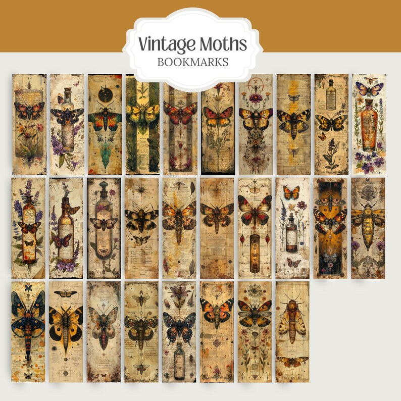 Collection of 28 Vintage Moth Specimen Celtic Botanical Witchy Apothecary PNG images with a 1:3 ratio. Perfect for bookmarks, tags, labels, junk journals, grimoire bookmarks, scrapbooking, illustrations, clipart, sublimation, stickers, and ephemera