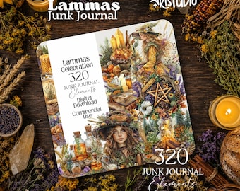 May include: A digital download set titled Lammas Junk Journal featuring 320 elements. The graphic displays illustrations of a person in a hat, crystals, candles, glass bottles, a pentagram, and harvest crops. Text includes Lammas Celebration.