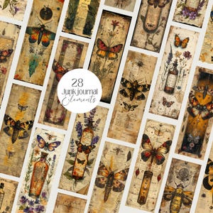 Collection of 28 Vintage Moth Specimen Celtic Botanical Witchy Apothecary PNG images with a 1:3 ratio. Perfect for bookmarks, tags, labels, junk journals, grimoire bookmarks, scrapbooking, illustrations, clipart, sublimation, stickers, and ephemera