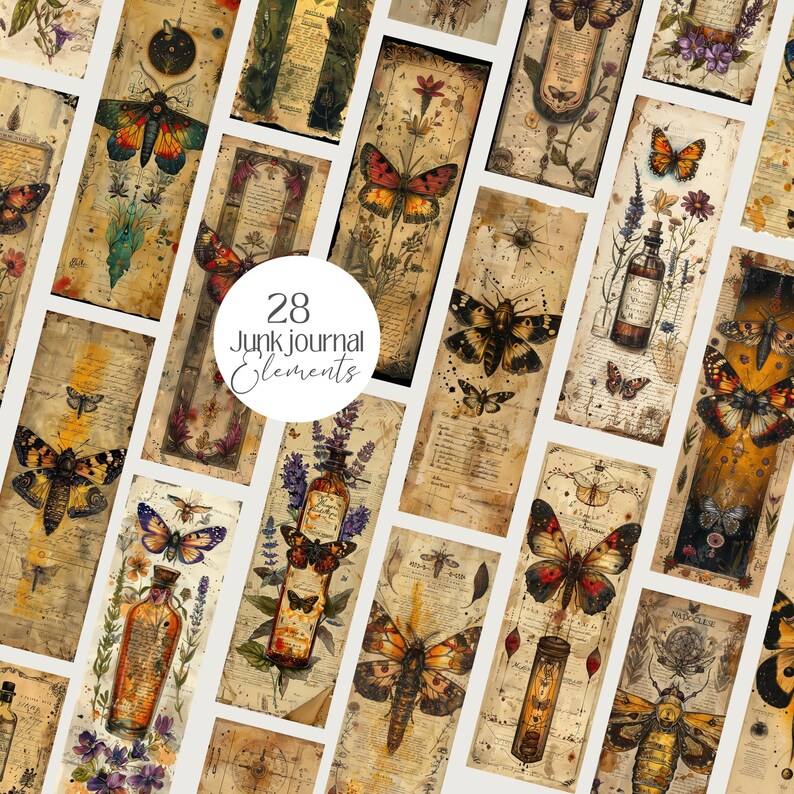 Collection of 28 Vintage Moth Specimen Celtic Botanical Witchy Apothecary PNG images with a 1:3 ratio. Perfect for bookmarks, tags, labels, junk journals, grimoire bookmarks, scrapbooking, illustrations, clipart, sublimation, stickers, and ephemera