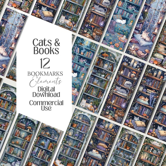 Bookmark Cat and Book Lovers PNG kitty Witchy Bookshelf Cozy Reading Kitty Witch Bookworm Tags Bookish Clip art Bibliophile Sticker ephemera