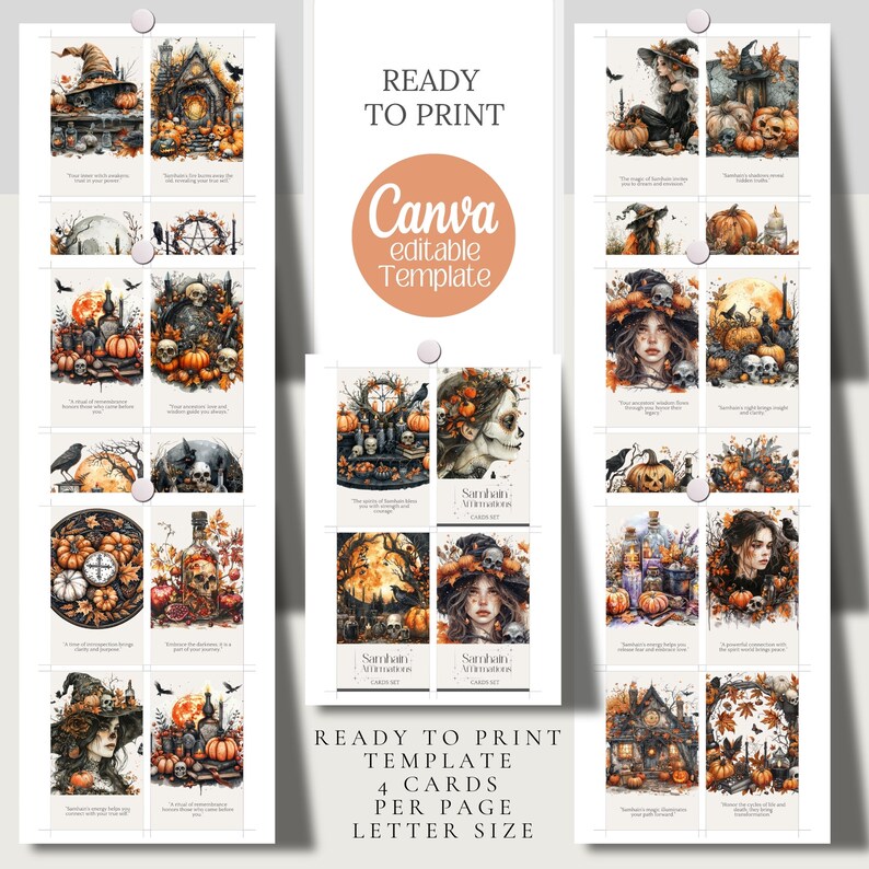 Samhain Affirmation cards, halloween witchy printable deck, editable template, Tarot, witch affirmation png Wicca divination oracle card set