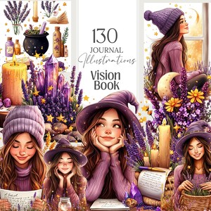 Vision Book Witchy Planner with 35 planner pages, 82 mystical illustrations, and 16 sticker sheets. Letter-sized printable set for vision boards, manifestation journals, and spiritual notebooks. Includes commercial use for physical products.
