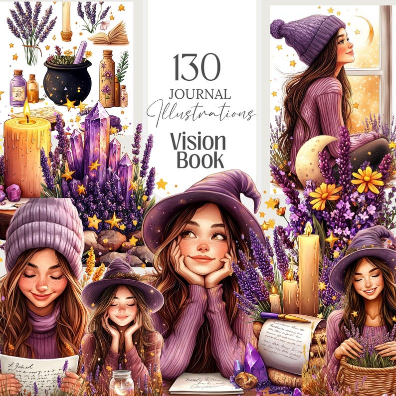 Vision Book Witchy Planner with 35 planner pages, 82 mystical illustrations, and 16 sticker sheets. Letter-sized printable set for vision boards, manifestation journals, and spiritual notebooks. Includes commercial use for physical products.