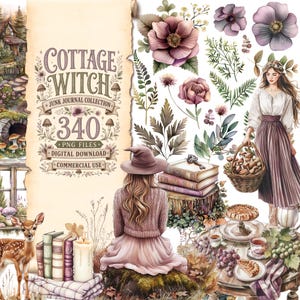 Puede incluir: Una colección digital de gráficos para junk journal Cottage Witch con 340 archivos PNG. Las imágenes incluyen una persona con sombrero, una persona con una cesta de setas, un ciervo, libros, velas, elementos florales y una mesa con comida.