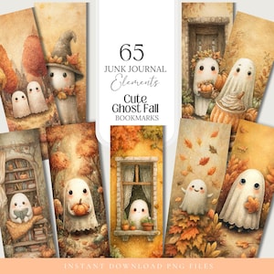 May include: A collection of fall-themed bookmarks featuring cute ghost illustrations. The bookmarks have a watercolor style with autumnal colors, including orange, brown, and beige. The text "65 Junk Journal Elements Cute Ghost Fall Bookmarks" is displayed on the image.