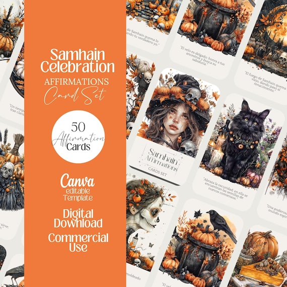 Samhain Affirmation card halloween witchy printable deck editable template Tarot witch oracle deck pagan png Wicca divination oracle card