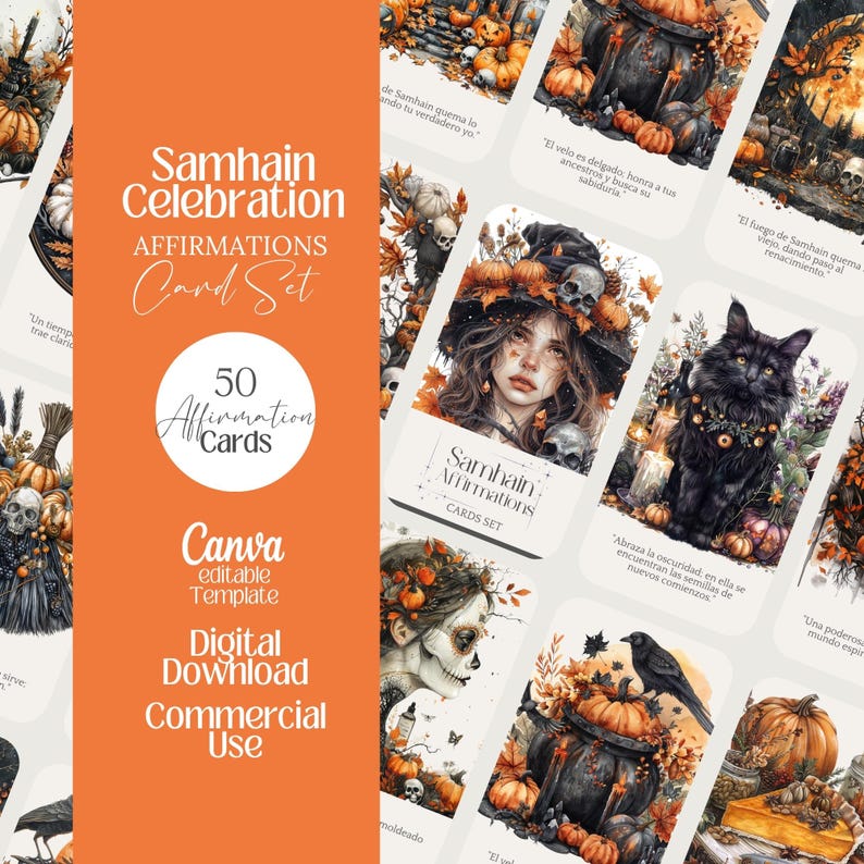 Samhain Affirmationskort Halloween häxig utskrivbar kortlek redigerbar mall Tarot häxorakelkort hednisk png Wicca spådomsorakelkort bild 1
