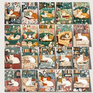 Cats and Books Cottagecore Clipart featuring 40 PNG files sized 5x7”. Includes cozy, romantic designs for junk journaling, scrapbooking, planners, and wall art. High-resolution files with commercial use license for digital and print projects.