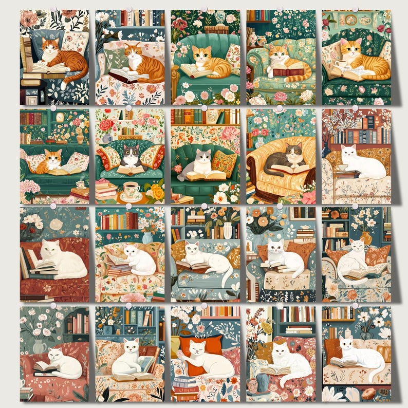Cats and Books Cottagecore Clipart featuring 40 PNG files sized 5x7”. Includes cozy, romantic designs for junk journaling, scrapbooking, planners, and wall art. High-resolution files with commercial use license for digital and print projects.