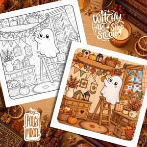 May include: A colouring page featuring a cute ghost on a wooden ladder decorating a room with autumn leaves and pumpkins. The scene includes a window view of trees, a wooden cabinet, and hanging banners. The design is shown in both line art and colour.