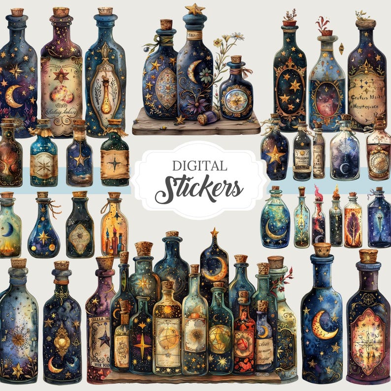 Moon celestial astrology clipart featuring vintage witchy designs. Includes 20 PNG images with transparent backgrounds, perfect for digital grimoires, junk journals, planners, and more. Commercial use allowed for crafting and creative projects