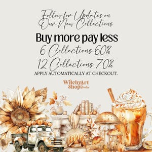 Collection of over 100 boho, cozy, neutral color fall/autumn watercolor PNG images with transparent backgrounds. Ideal for creating stickers, planners, scrapbooks, junk journals, ephemera, sublimation crafts, and various DIY projects
