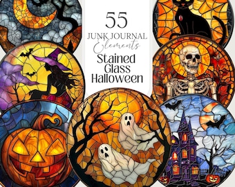 Clipart de Halloween em estilo vitral | PNG gótico assustador, apanhador de sol, adesivos, artesanato, diário de sucata, etiquetas, 55 arquivos, uso comercial