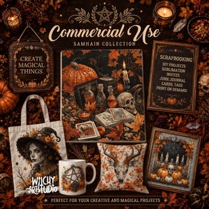 Pu&ograve; includere: Una collezione digitale di grafiche a tema Samhain che include una borsa, una tazza, un cuscino e stampe incorniciate. Le immagini mostrano zucche, teschi, candele, foglie autunnali e simboli occulti con il testo Commercial Use, Create Magical Things.