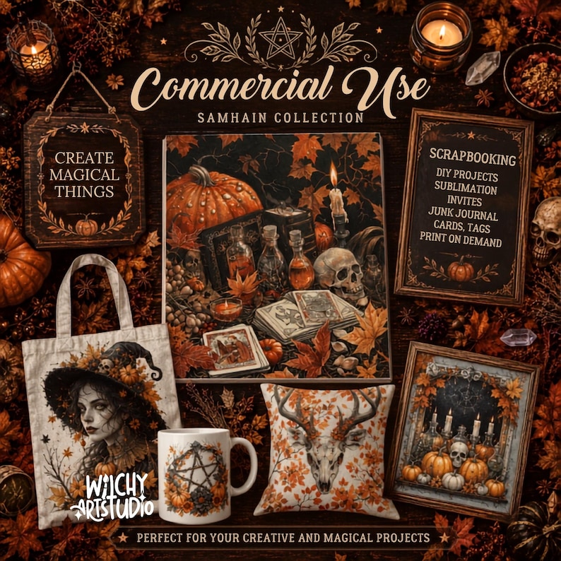 Pu&ograve; includere: Una collezione digitale di grafiche a tema Samhain che include una borsa, una tazza, un cuscino e stampe incorniciate. Le immagini mostrano zucche, teschi, candele, foglie autunnali e simboli occulti con il testo Commercial Use, Create Magical Things.