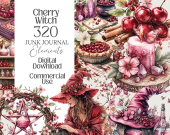 Cherry Witch PNG Clipart love Magic Wiccan Ephemera witchy junk journal scrapbook grimoire sticker summer sublimation spell fussy cut pagan