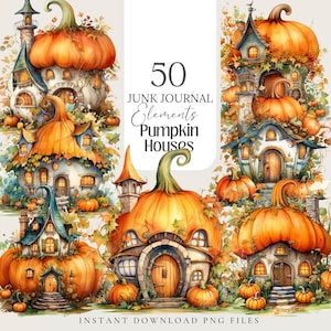 Pumpkin Houses Clipart Set: 50 Witchy Fall Graphics (Digital Download)