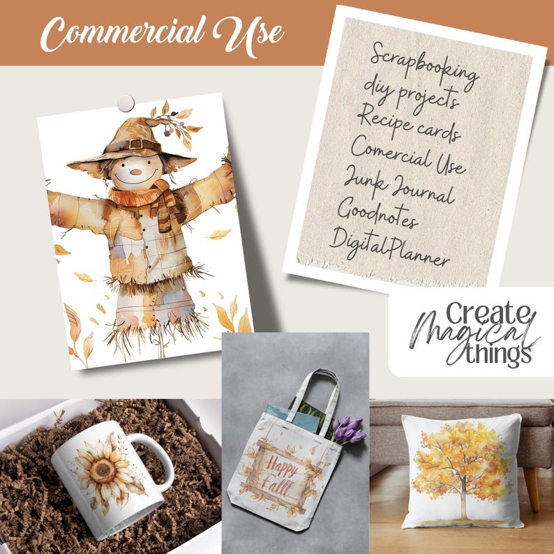 Collection of over 100 boho, cozy, neutral color fall/autumn watercolor PNG images with transparent backgrounds. Ideal for creating stickers, planners, scrapbooks, junk journals, ephemera, sublimation crafts, and various DIY projects