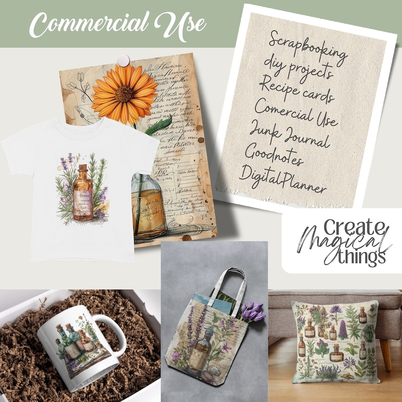 May include: A collection of products featuring botanical illustrations and vintage elements. Includes a white t-shirt, tote bag, mug, and pillow with lavender and apothecary bottle designs. Also shown are a paper with an orange flower and text that says "Commercial Use".