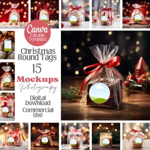 May include: A collection of Christmas-themed mockups featuring various treats and gifts in clear packaging, tied with red ribbons. The image includes the text "Christmas Round Tags 15 Mockups Photography Digital Download Commercial Use."