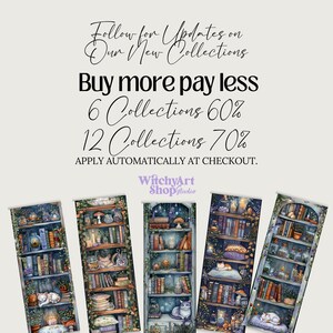 Cute Cats and Book Lovers Witchy Cozy Kitty Witch Bookworm Reading PNG images with a 1:3 ratio. Perfect for bookmarks, tags, labels, junk journals, scrapbooking, illustrations, clipart, sublimation, and stickers