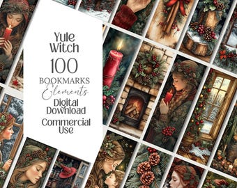 May include: A collection of 100 digital bookmarks with a Yule Witch theme. The bookmarks feature illustrations of women, candles, wreaths, and winter scenes. The text "Yule Witch 100 Bookmarks Elements Digital Download Commercial Use" is visible.