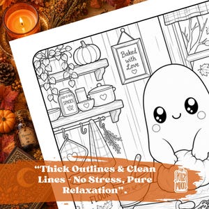May include: A black and white colouring page featuring a cute ghost holding a pumpkin in a kitchen setting with shelves, a jar labelled Spices, a pot, and a sign that reads Baked with Love. The page includes the text Thick Outlines & Clean Lines.