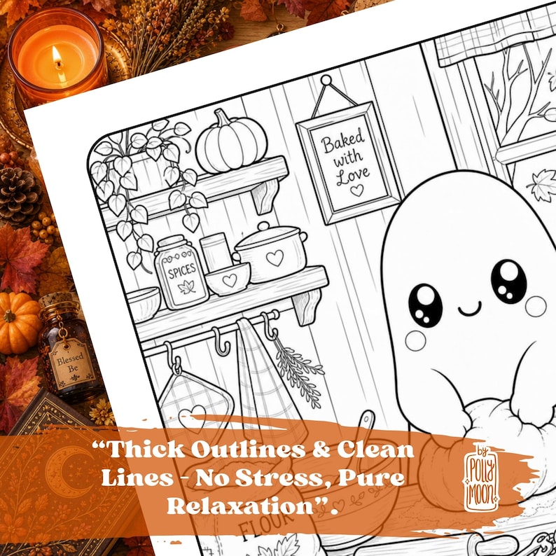 May include: A black and white colouring page featuring a cute ghost holding a pumpkin in a kitchen setting with shelves, a jar labelled Spices, a pot, and a sign that reads Baked with Love. The page includes the text Thick Outlines & Clean Lines.