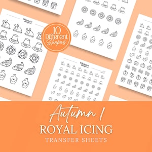 Pode incluir: Folhas imprimíveis com 10 designs diferentes de transferência de glacê real com tema de outono. Os designs incluem uma cornucopia, um chapéu de peregrino, uma abóbora, um pote de mel, uma maçã e um girassol.