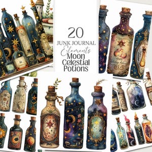 Moon celestial astrology clipart featuring vintage witchy designs. Includes 20 PNG images with transparent backgrounds, perfect for digital grimoires, junk journals, planners, and more. Commercial use allowed for crafting and creative projects