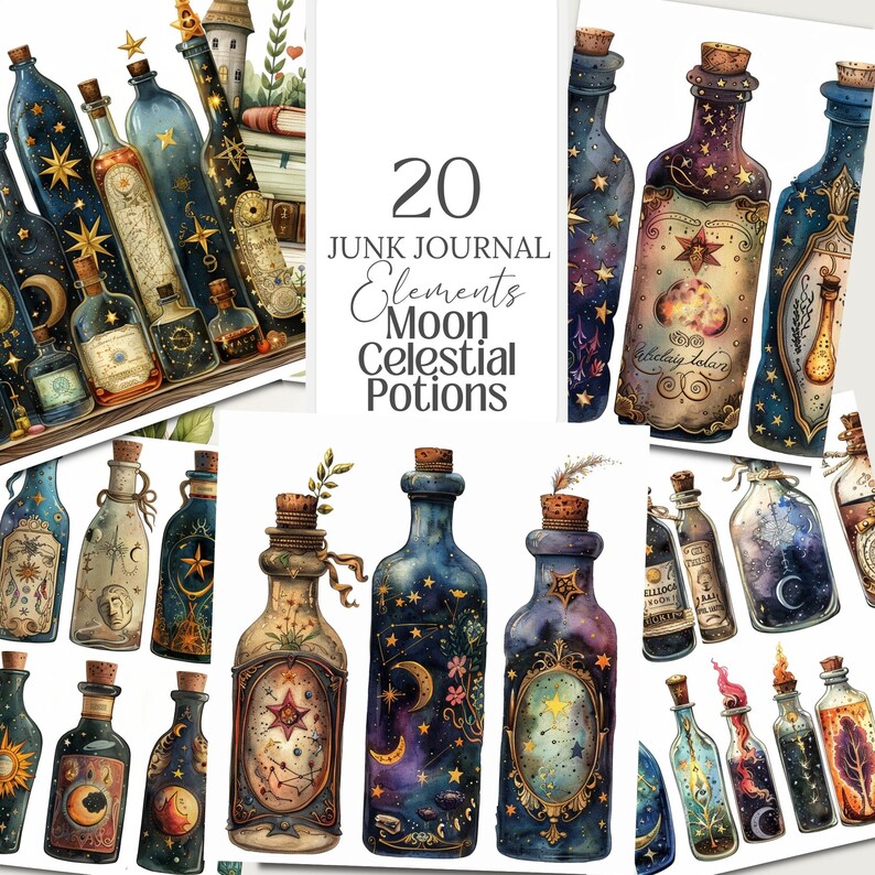 Moon celestial astrology clipart featuring vintage witchy designs. Includes 20 PNG images with transparent backgrounds, perfect for digital grimoires, junk journals, planners, and more. Commercial use allowed for crafting and creative projects