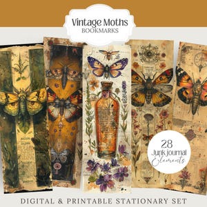 Collection of 28 Vintage Moth Specimen Celtic Botanical Witchy Apothecary PNG images with a 1:3 ratio. Perfect for bookmarks, tags, labels, junk journals, grimoire bookmarks, scrapbooking, illustrations, clipart, sublimation, stickers, and ephemera