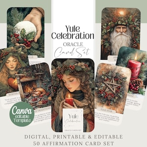 Yule Winter Witch Affirmation Cards / Tarocchi, mazzo di oracoli Wicca, diario spazzatura, carte di divinazione pagane, modello modificabile, stampabile 50 PNG