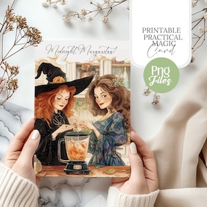 May include: A printable card with an illustration of two witches making a potion in a blender. The text on the card reads "Midnight Margaritas!"