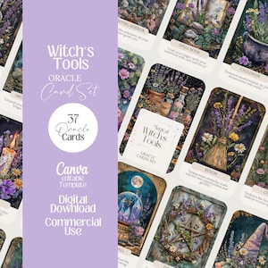 Puede incluir: Un juego de cartas de oráculo de descarga digital titulado "Witch's Tools". Las cartas presentan ilustraciones de objetos y símbolos mágicos. El conjunto incluye 37 cartas de oráculo y es una plantilla editable de Canva para uso comercial.