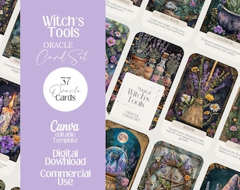 Witch Tools Oracle cards, witchy printable deck, editable template, Tarot, witch affirmation png Wicca, wicca pagan divination card set,