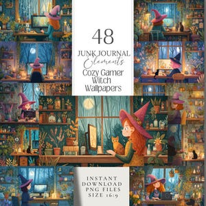 Può includere: Un collage di arte digitale con illustrazioni di una strega in un'accogliente ambientazione da gamer. Le immagini includono una strega con un gatto, un computer e il testo "48 Junk Journal Elements Cozy Gamer Witch Wallpapers".