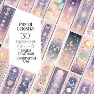 Puede incluir: Un conjunto de 30 marcapáginas celestiales pastel con diseños florales y lunares. Los marcapáginas presentan una variedad de colores, incluyendo morado, rosa y dorado. El texto en la imagen dice "Pastel Celestial 30 Bookmarks Elements Digital Download Commercial Use."