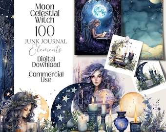 May include: Digital download of "Moon Celestial Witch" junk journal elements. The image features illustrations of celestial themes, including a woman writing under a full moon, candles, and a crescent moon with stars. The text indicates commercial use.