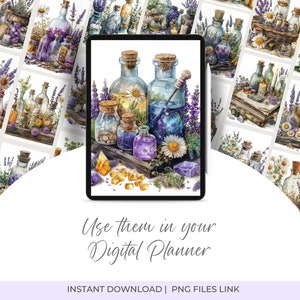 May include: Digital art featuring a tablet displaying watercolor illustrations of apothecary bottles, flowers, and crystals. The bottles are filled with colorful liquids and have cork stoppers. The text "Use them in your Digital Planner" is also visible.