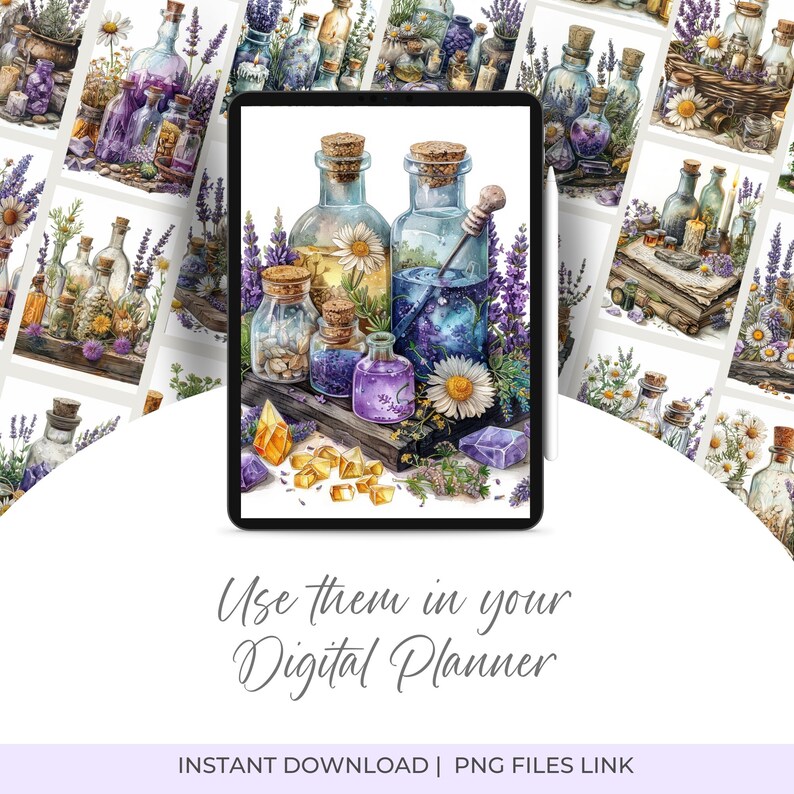 May include: Digital art featuring a tablet displaying watercolor illustrations of apothecary bottles, flowers, and crystals. The bottles are filled with colorful liquids and have cork stoppers. The text "Use them in your Digital Planner" is also visible.