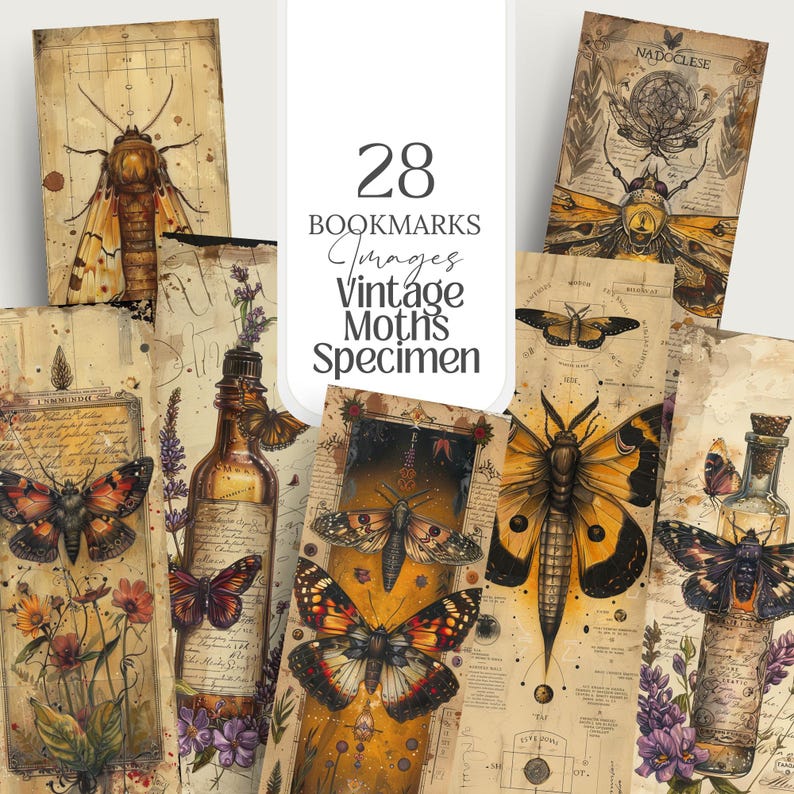 Collection of 28 Vintage Moth Specimen Celtic Botanical Witchy Apothecary PNG images with a 1:3 ratio. Perfect for bookmarks, tags, labels, junk journals, grimoire bookmarks, scrapbooking, illustrations, clipart, sublimation, stickers, and ephemera