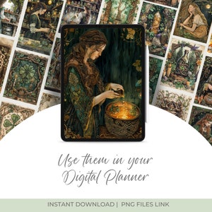 Whimsical Celtic witch-themed watercolor PNG images, including  elements like border pages, clipart, and ephemera. Perfect for Book of Shadows, Grimoire, junk journals, scrapbooks, and witchy planner designs. green witch projects.