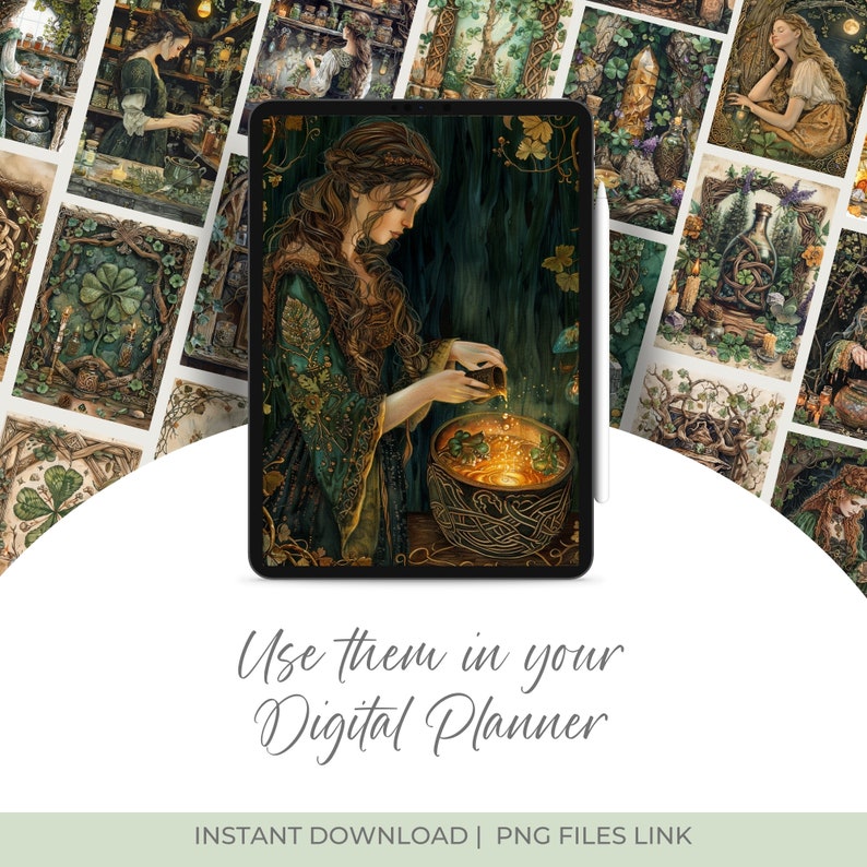 Whimsical Celtic witch-themed watercolor PNG images, including  elements like border pages, clipart, and ephemera. Perfect for Book of Shadows, Grimoire, junk journals, scrapbooks, and witchy planner designs. green witch projects.