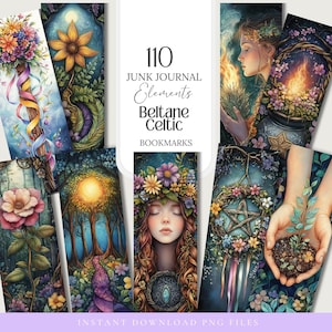 Marcadores celtas de Beltane, etiquetas de grimorio pagano de brujas, etiquetas Wicca, álbum de recortes, efímeras, imágenes prediseñadas de brujas del bosque, sublimación PNG, arte del Libro de las Sombras