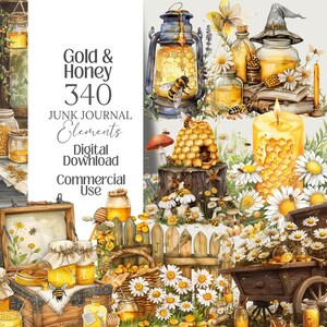 May include: A digital illustration with honey-themed junk journal elements. The image includes a lantern, beehive, jars of honey, bees, daisies, and the text "Gold & Honey 340 Junk Journal Elements Digital Download Commercial Use."